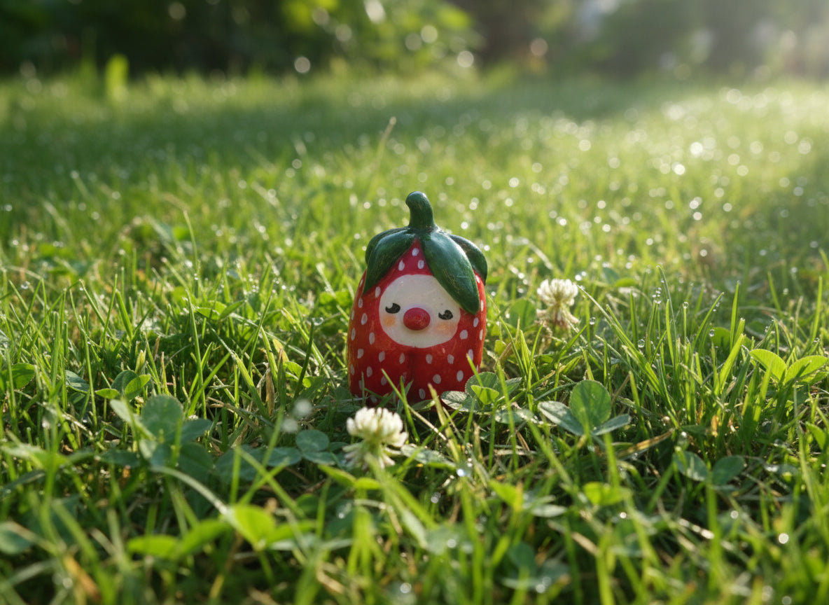 Small strawberry-shaped figurine with a face on a white background